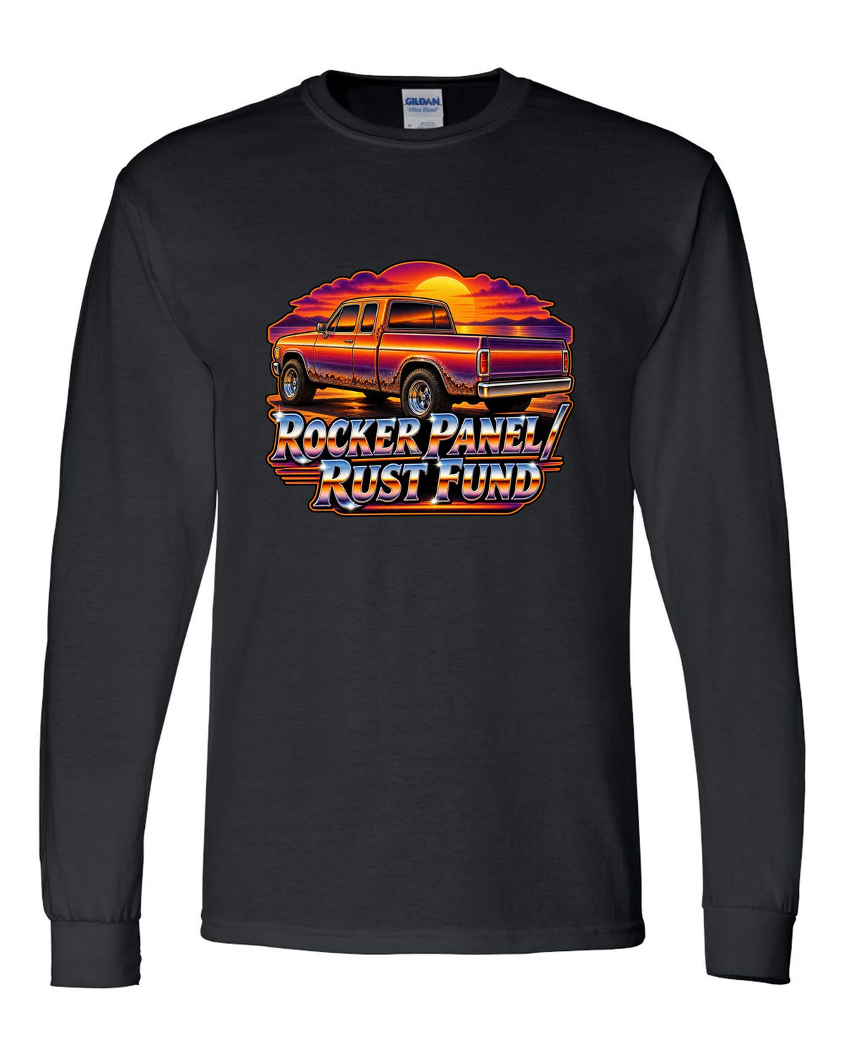 70s airbrush sunset print of a 1999-2006 Chevrolet Silverado GMT800 with Rocker Panel Rust Fund text black long sleeve front view with the design