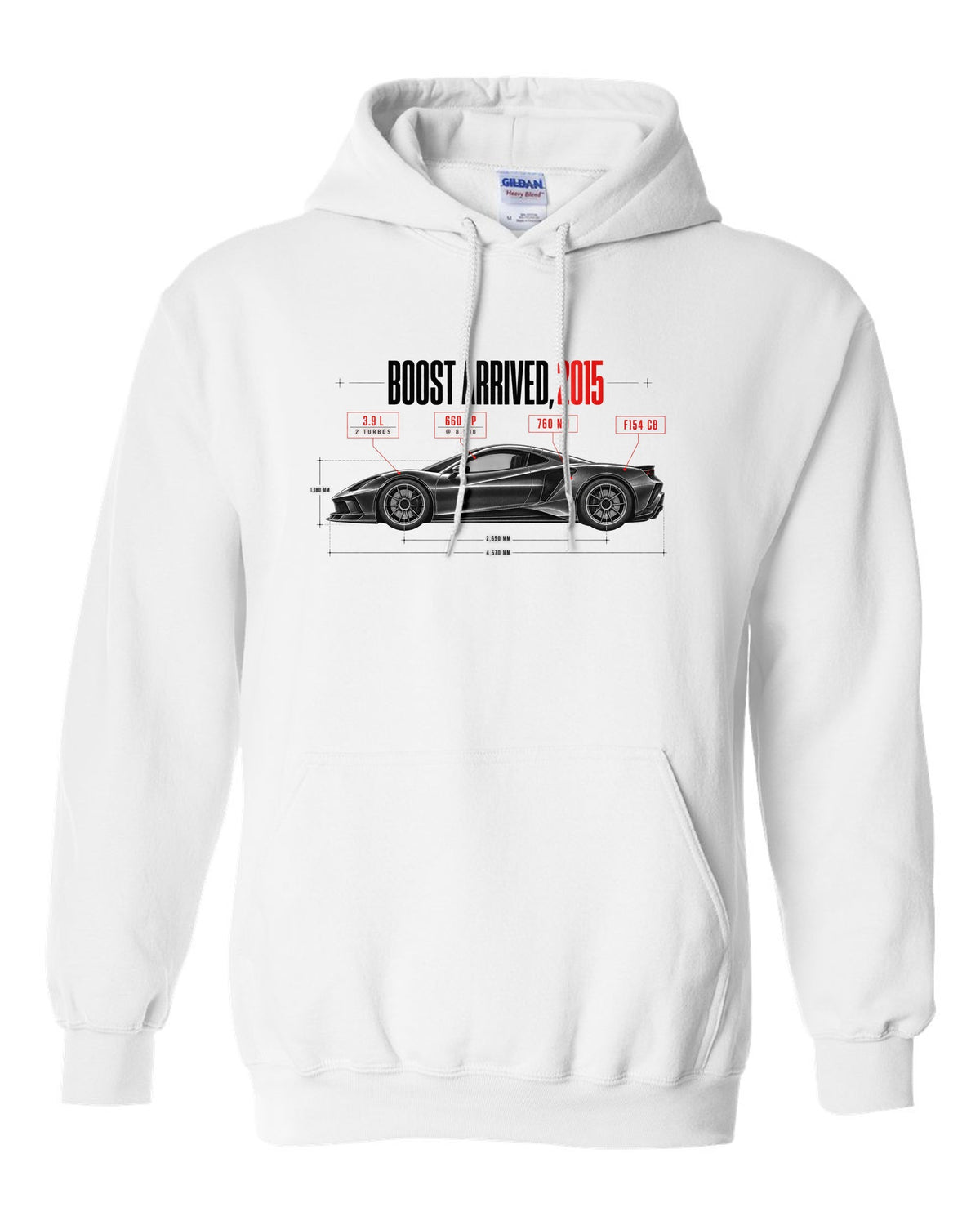 Spec poster print of a Ferrari 488 GTB F154 CB with Boost Arrived 2015, 3.9 L, 660 hp, 760 Nm white pull over hoodie front view with the design