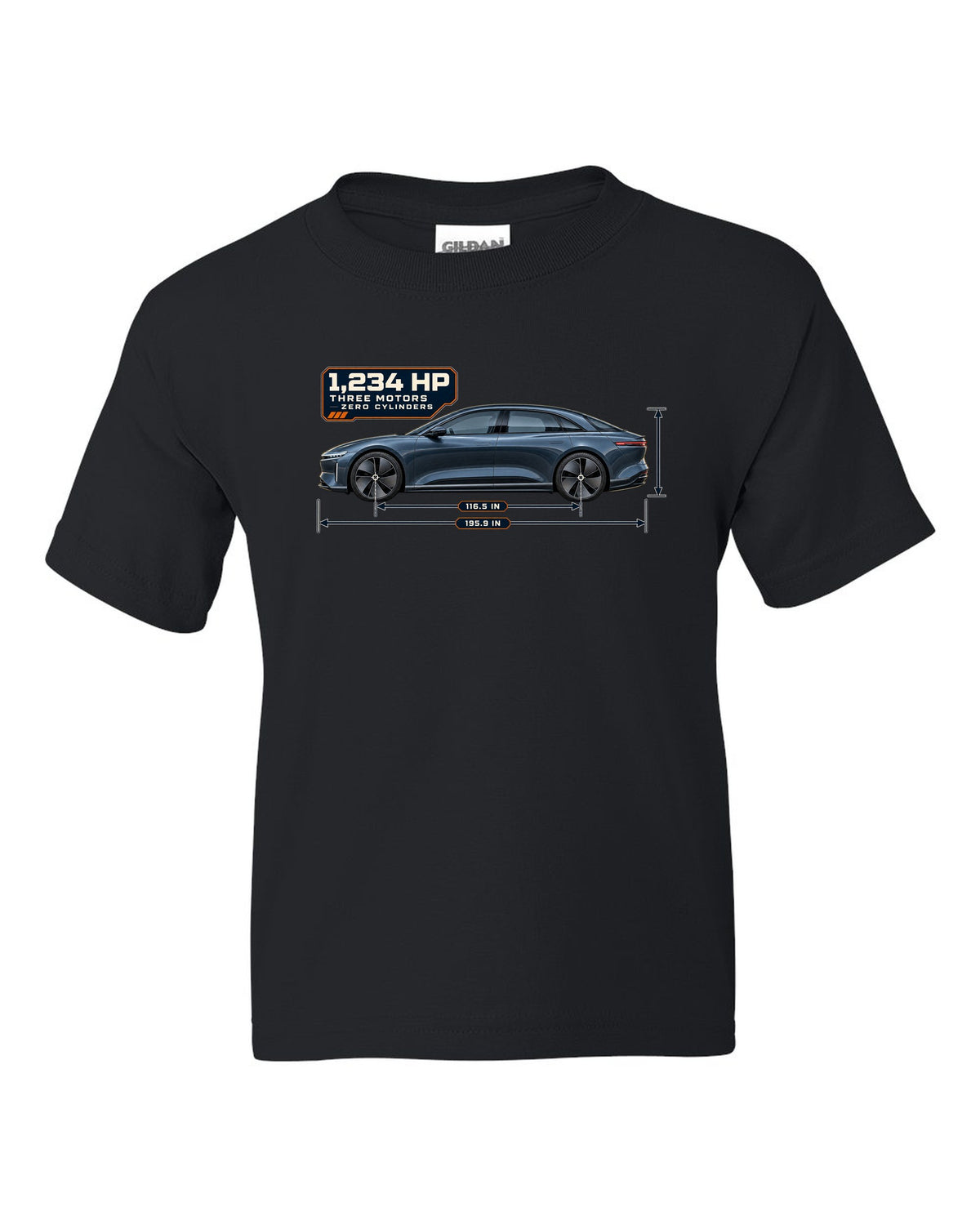 Dimension blueprint print of a Lucid Air Sapphire 2023 black kids tee front view with the design