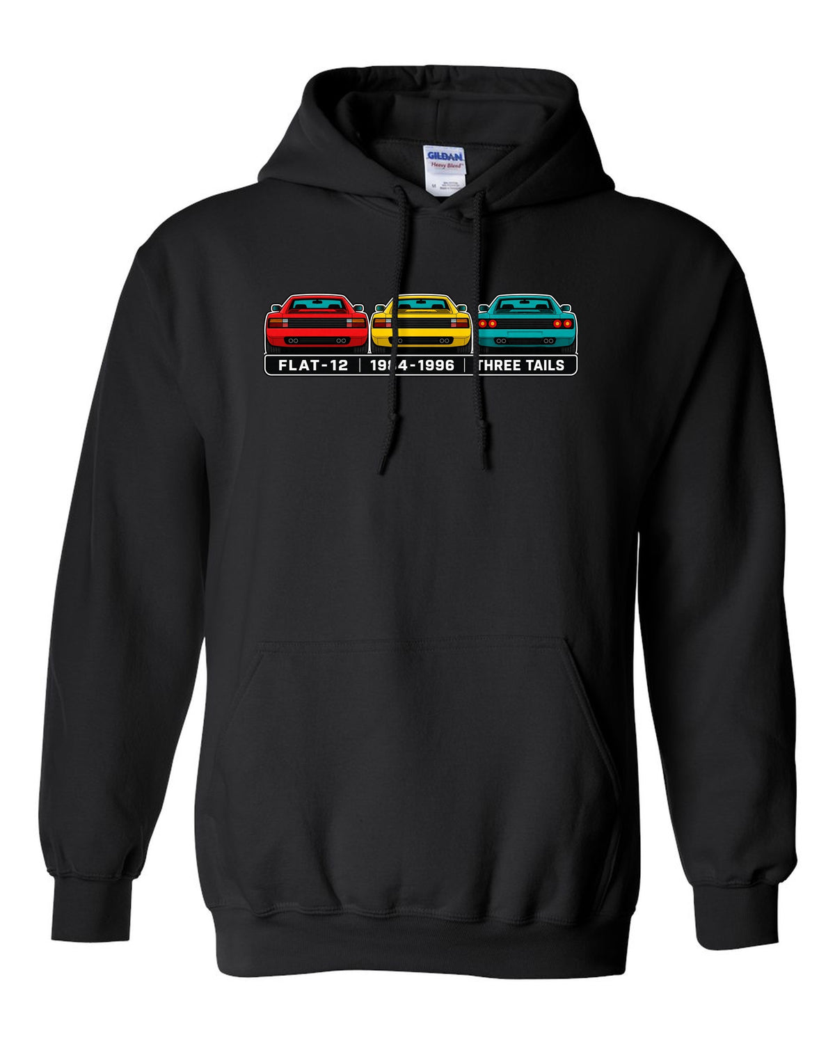 Flat colour infographic of Ferrari Testarossa, 512 TR and F512 M tail ends black pull over hoodie front view with the design