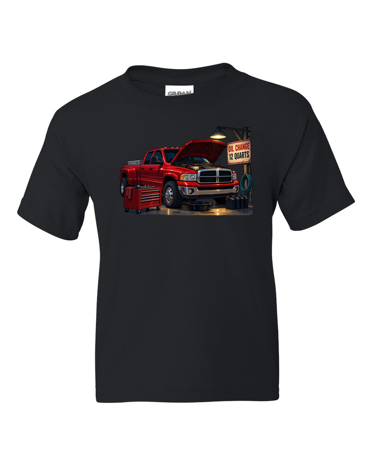 Cel-shaded anime night garage print of a red 2003-2009 Dodge Ram 3rd gen diesel with oil change text black kids tee front view with the design