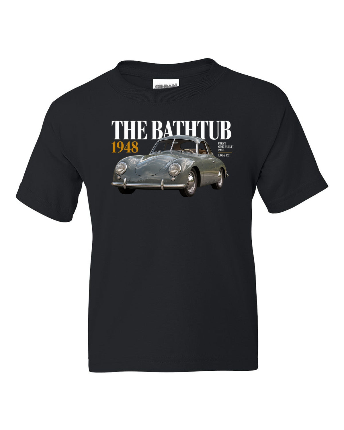 Editorial headline print of the 1948 Porsche 356 Pre-A coupe nicknamed the Bathtub black kids tee front view with the design