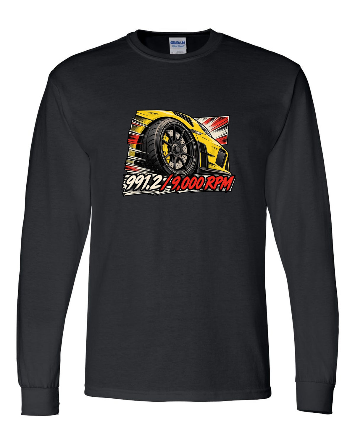 Porsche 991.2 GT3 RS retro manga panel with centre lock wheel and 9,000 RPM text black long sleeve front view with the design