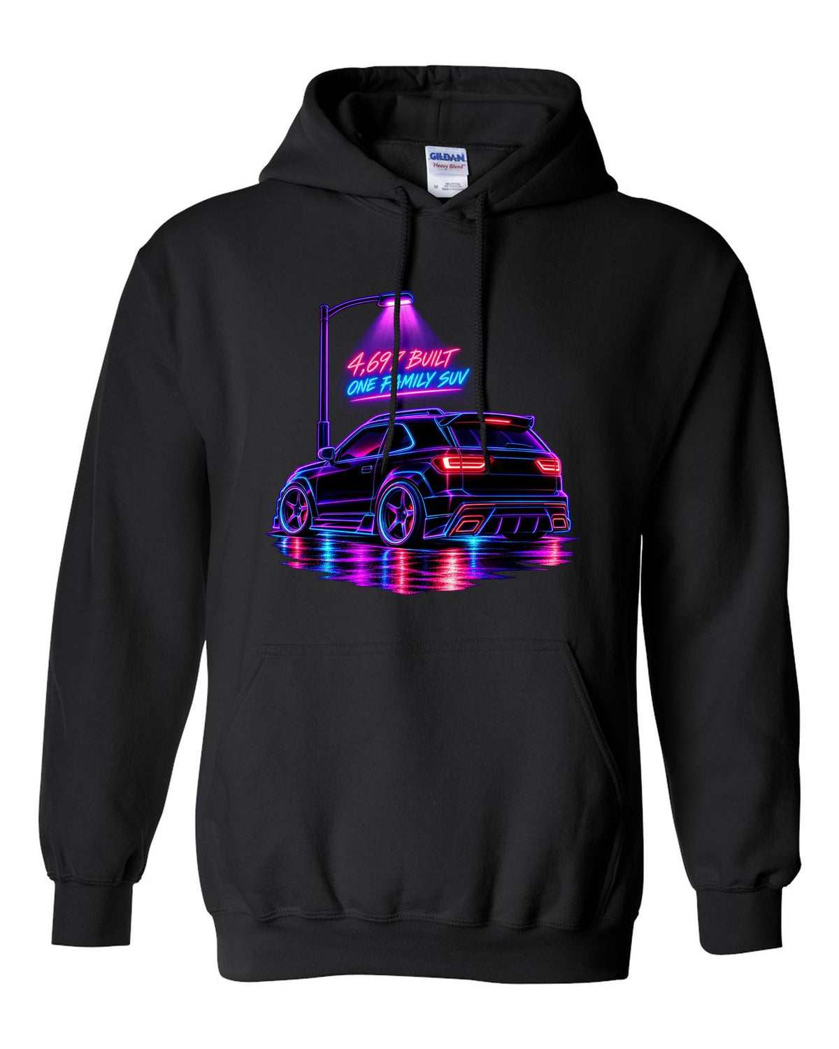 Neon synthwave line art print of a 1992-93 GMC Typhoon taillight with 4,697 built lettering black pull over hoodie front view with the design