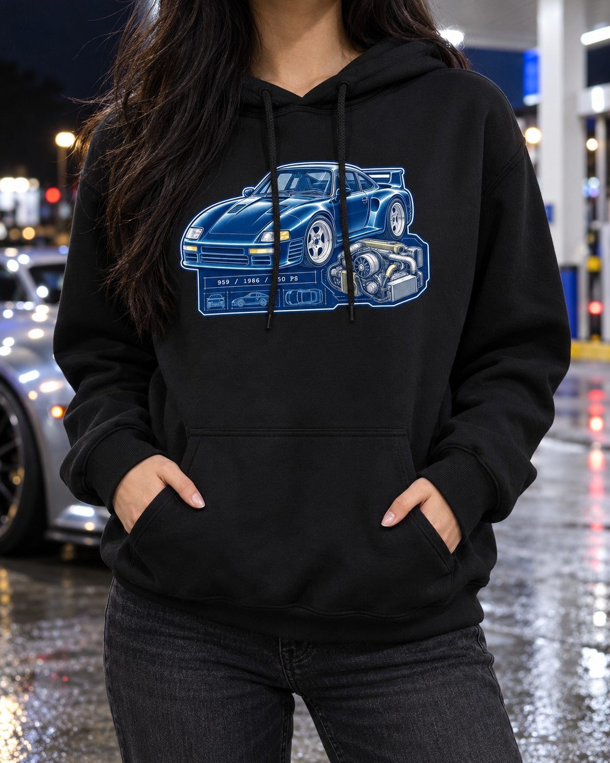 Porsche 959 Cyanotype Blueprint Shirt, 1986 450 PS Supercar Pull Over Hoodie Black worn hero