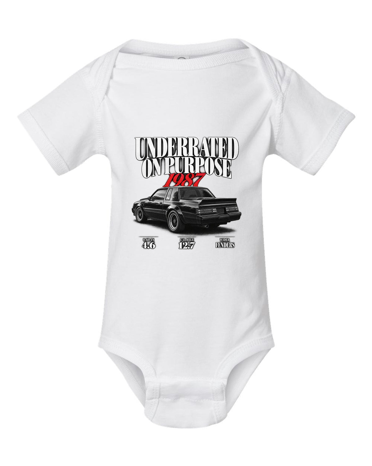 1987 Buick GNX editorial headline print with performance figures white baby onesie front view with the design