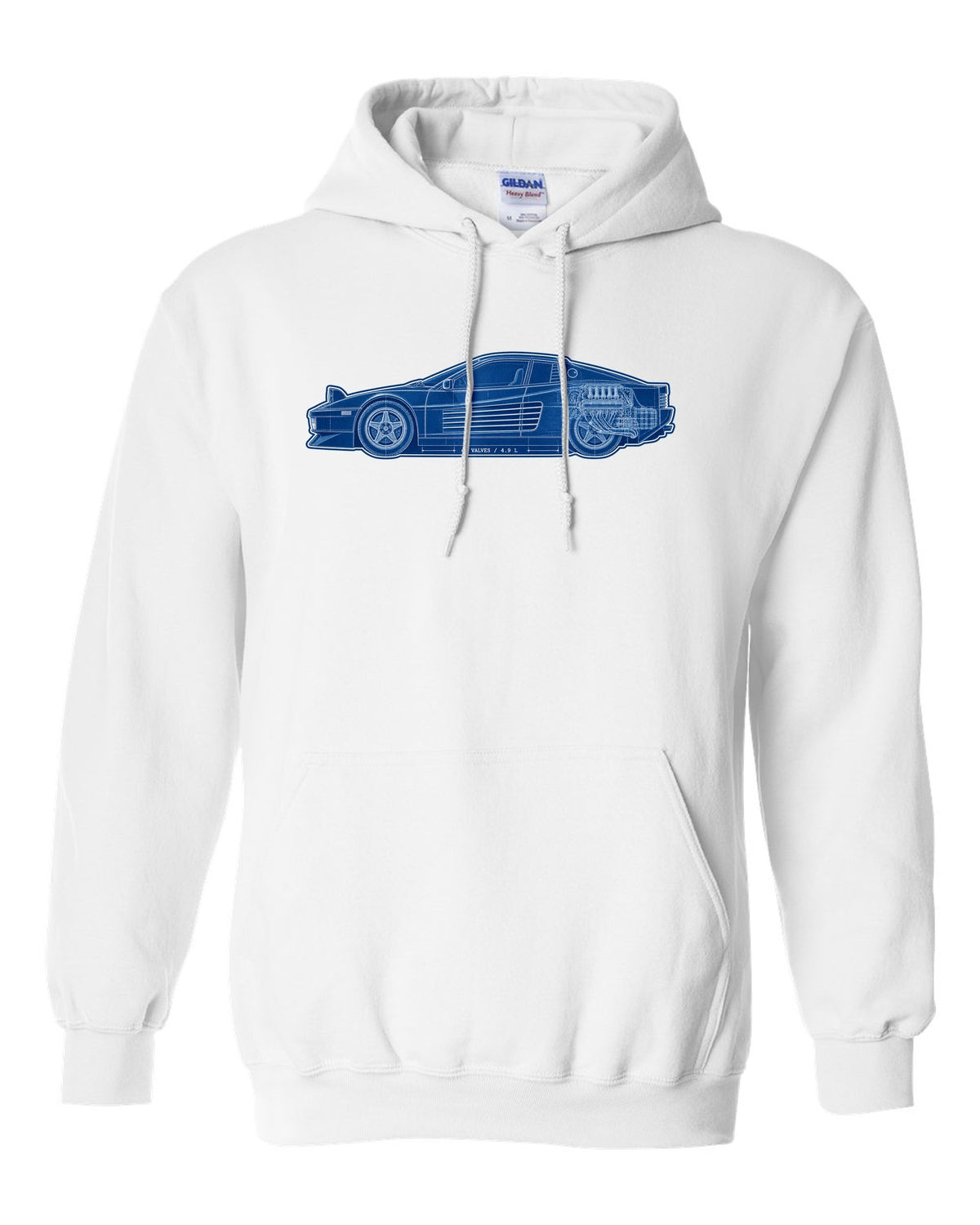 Cyanotype blueprint style print of the Ferrari Testarossa F110 with the text 48 valves, 4.9 L white pull over hoodie front view with the design