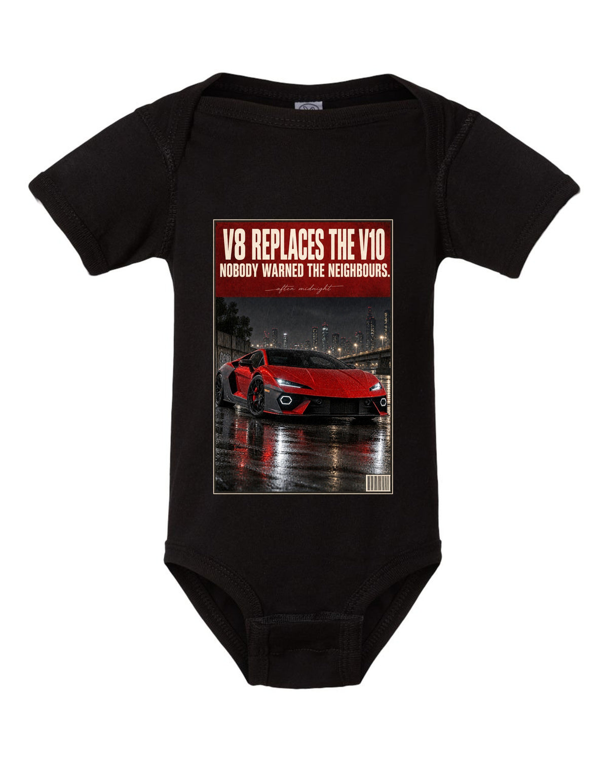 Night street print of the Lamborghini Temerario black baby onesie front view with the design