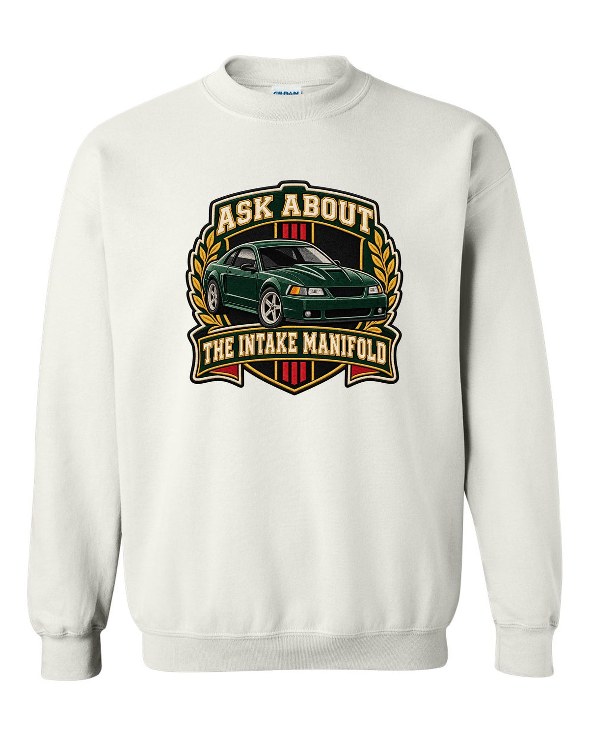 Varsity crest of a Ford Mustang New Edge coupe with intake manifold text white crewneck front view with the design