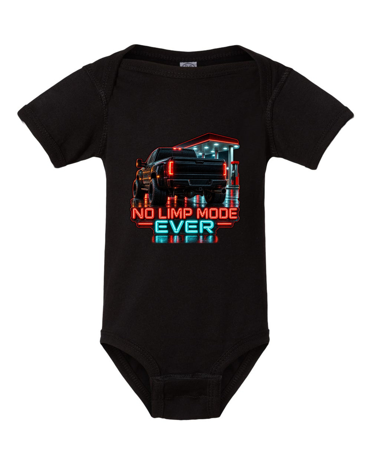 Photoreal night garage taillight print of a 1994-1998 Dodge Ram 2500 12V Cummins with No Limp Mode Ever text black baby onesie front view with the design