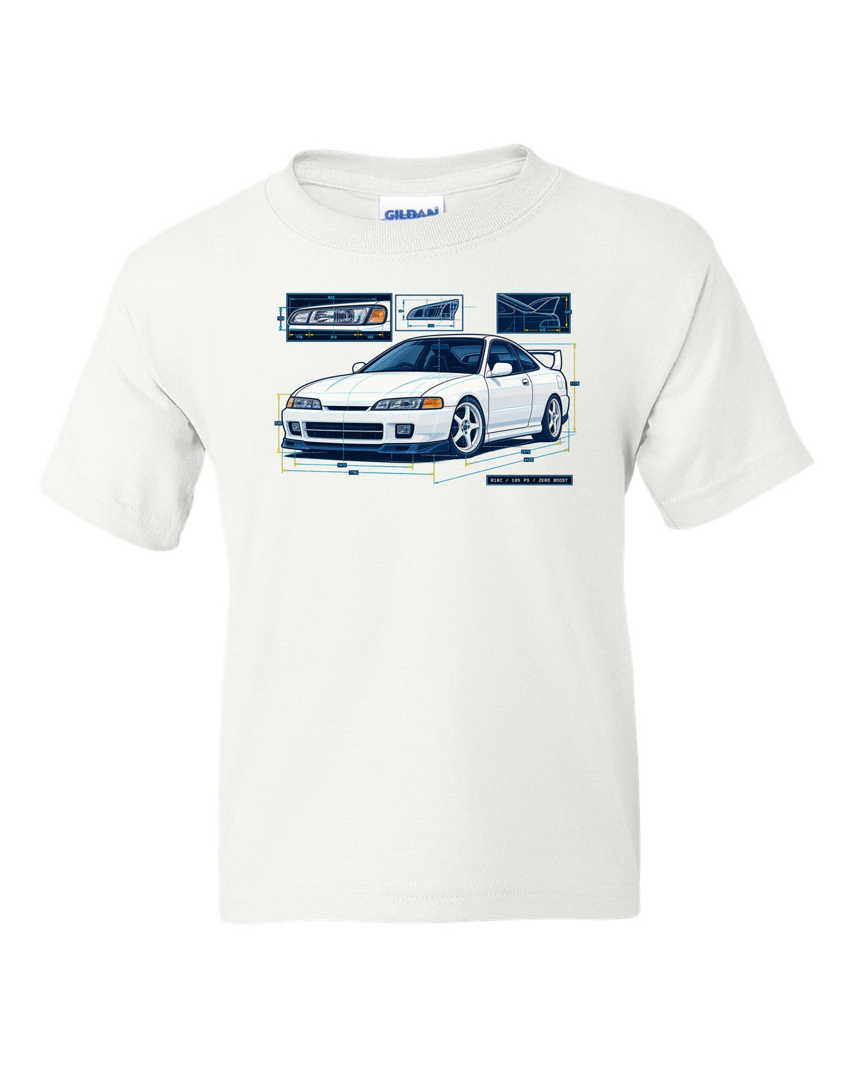 Blueprint line art of a 1995 Honda Integra DC2 headlight with B18C 195 PS Zero Boost lettering white kids tee front view with the design