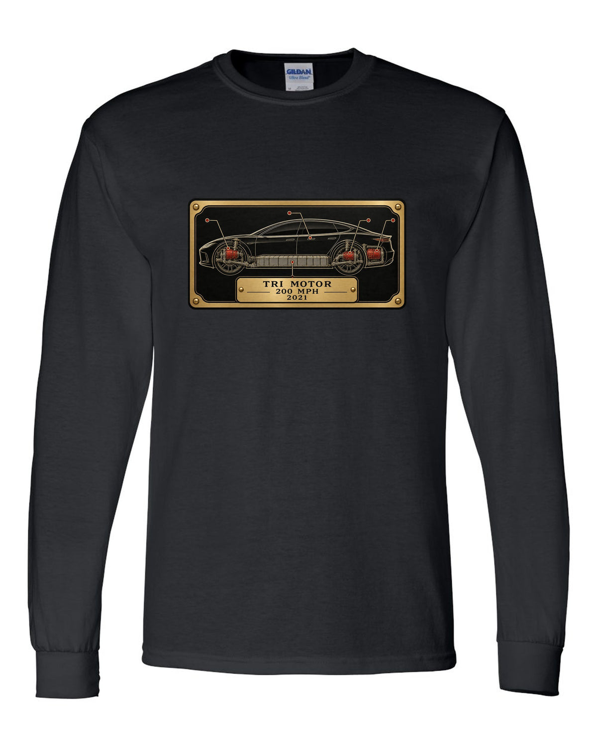 Spec-sheet data plate layout for a 2021 Tesla Model S Plaid with the words Tri Motor 200 MPH 2021 black long sleeve front view with the design