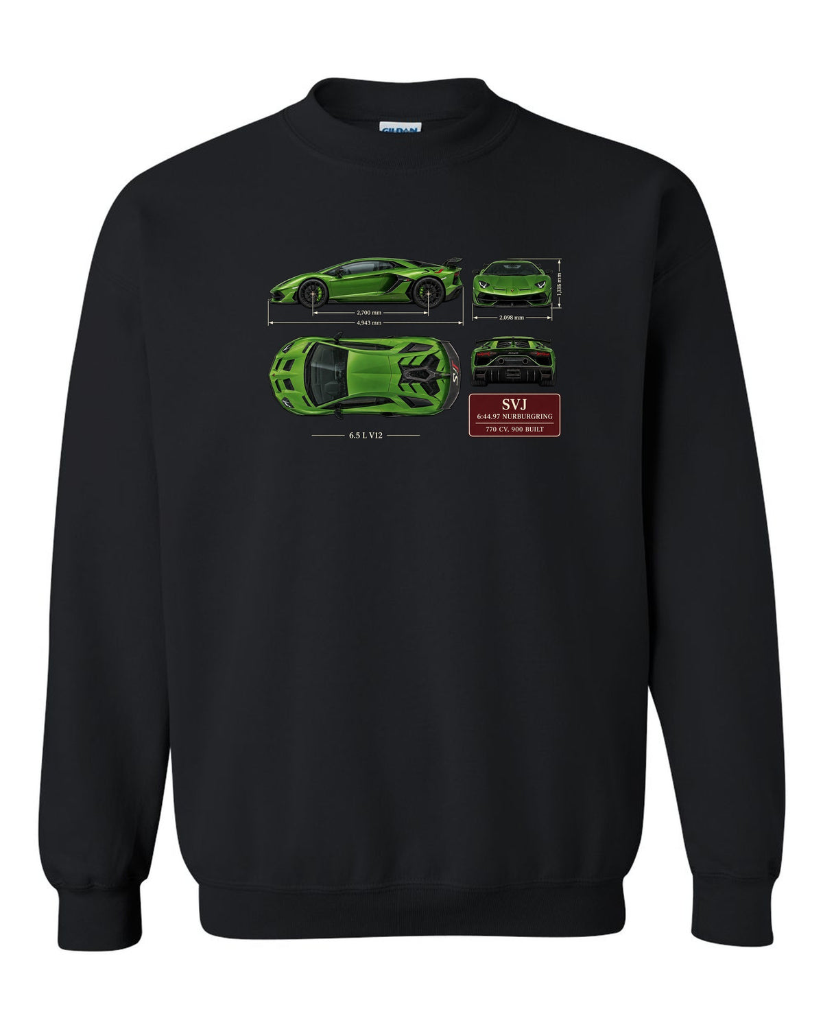 Dimension blueprint print of the Lamborghini Aventador SVJ with Nurburgring lap time black crewneck front view with the design