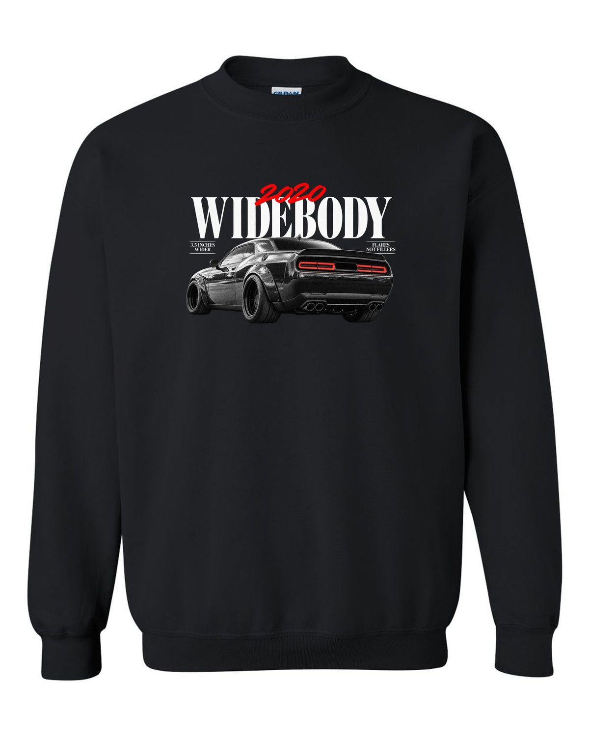 Editorial headline print of a 2020 Dodge Challenger Scat Pack Widebody with 3.5 inches wider text black crewneck front view with the design
