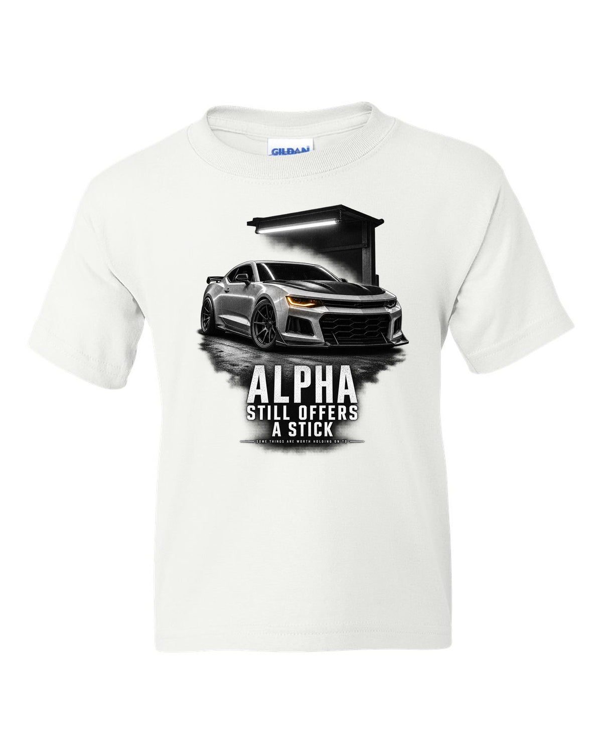 Garage-night print of a 2018 Chevrolet Camaro SS 1LE sixth-gen front three-quarter with Alpha text white kids tee front view with the design