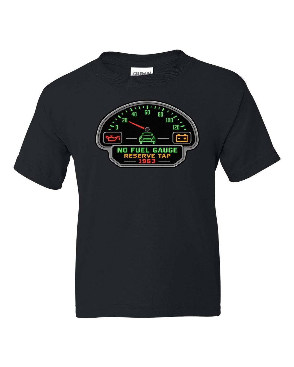 Pixel LED segmented display print of a 1963 VW Beetle Type 1 dashboard with fuel gauge joke black kids tee front view with the design
