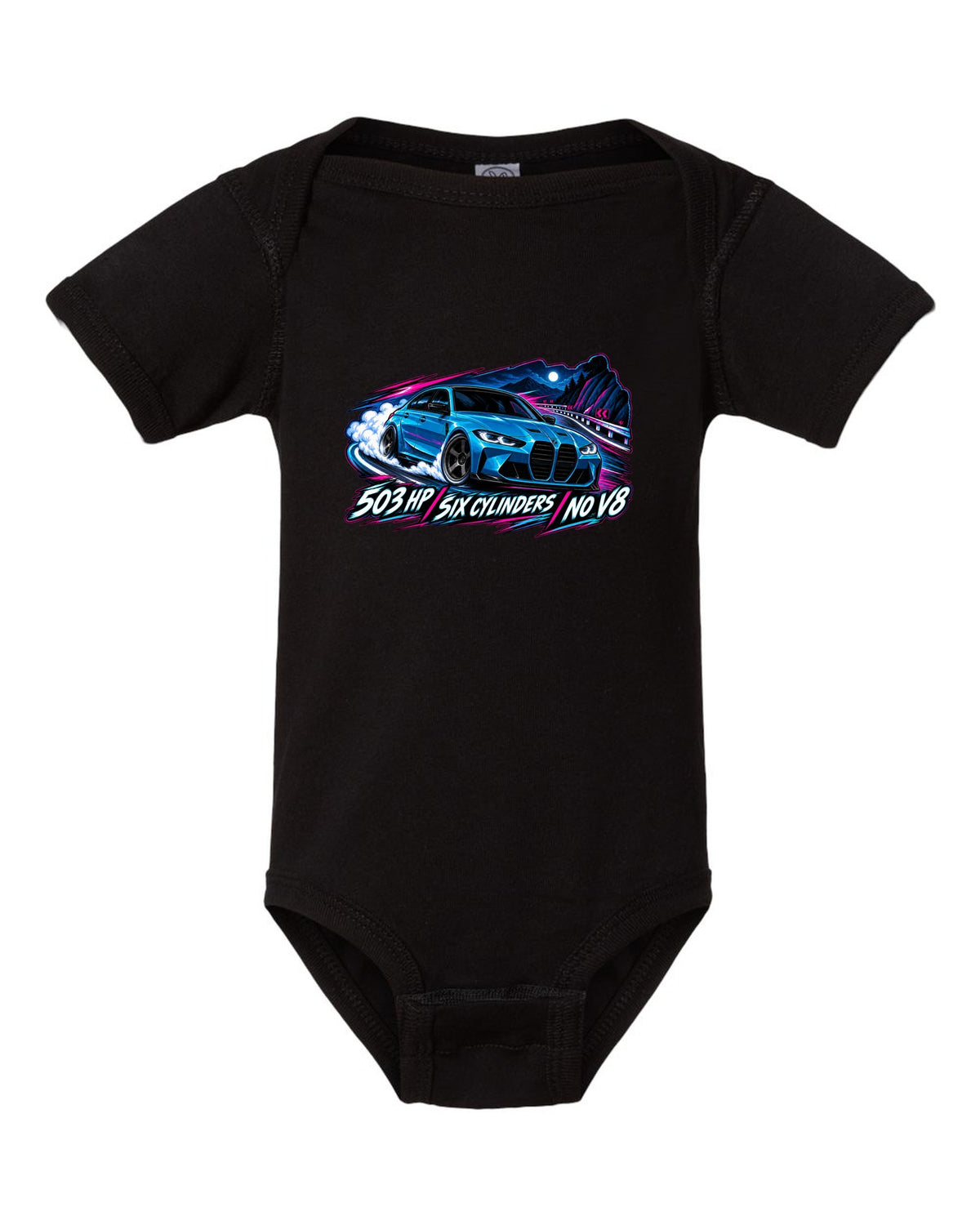 BMW G80 M3 Competition cel-shaded anime night touge print with 503 HP text black baby onesie front view with the design