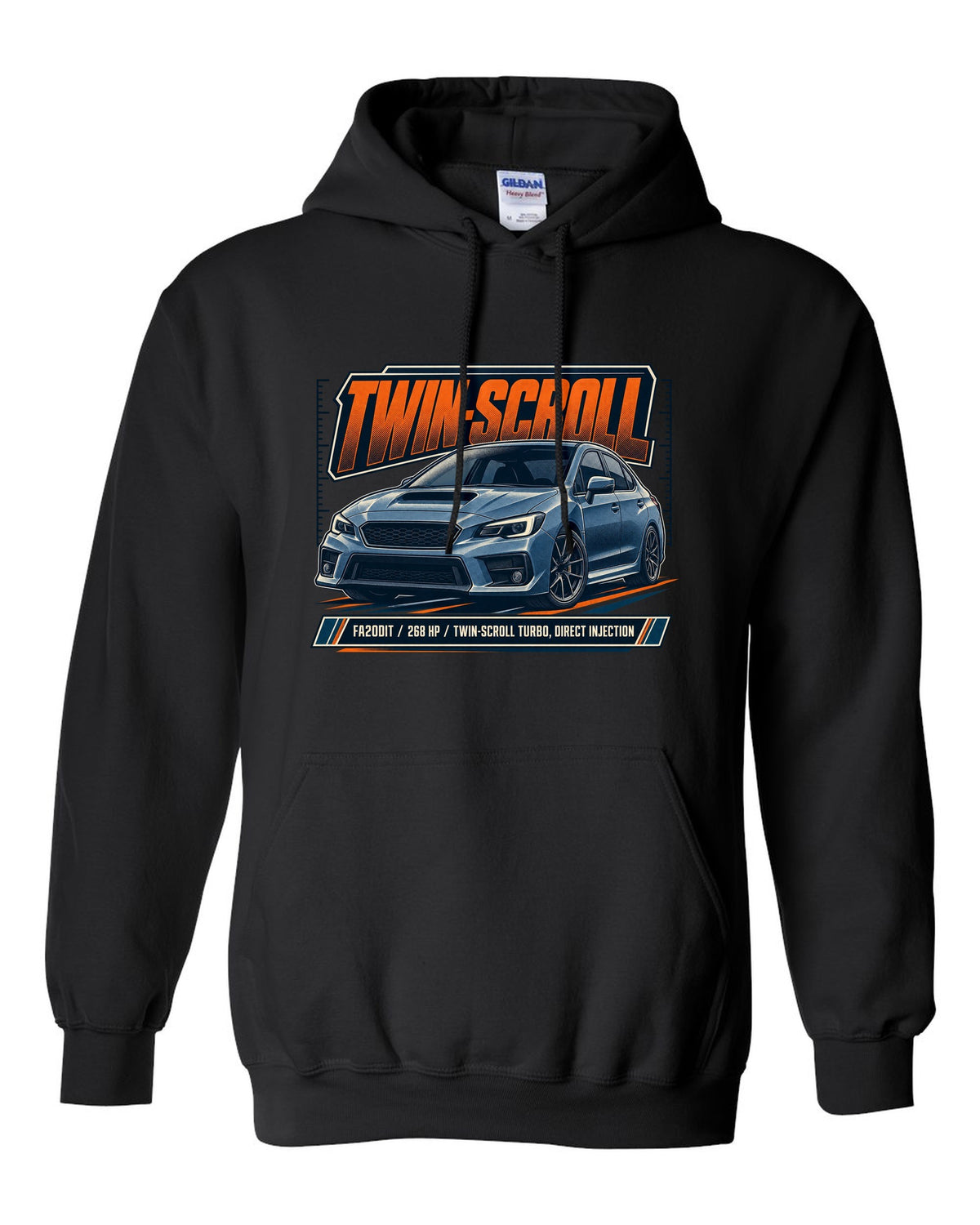 Subaru WRX VA sedan front three-quarter halftone design black pull over hoodie front view with the design
