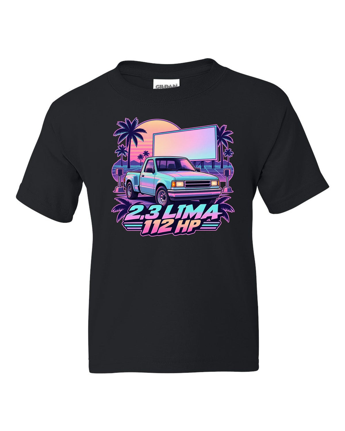 Ford Ranger 1995 stepside at a drive-in in a vaporwave pastel print black kids tee front view with the design