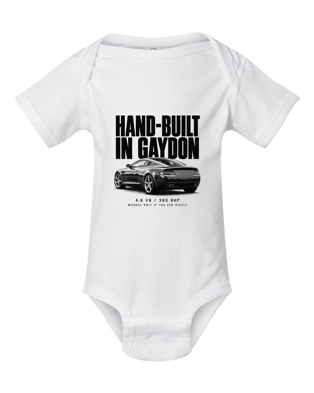 Aston Martin V8 Vantage 2005 halftone print with Gaydon text white baby onesie front view with the design