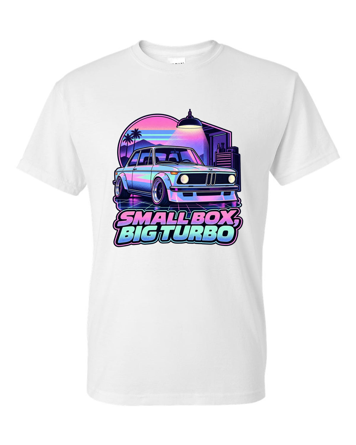 BMW 2002 turbo vaporwave pastel print with small box big turbo text white t-shirt front view with the design