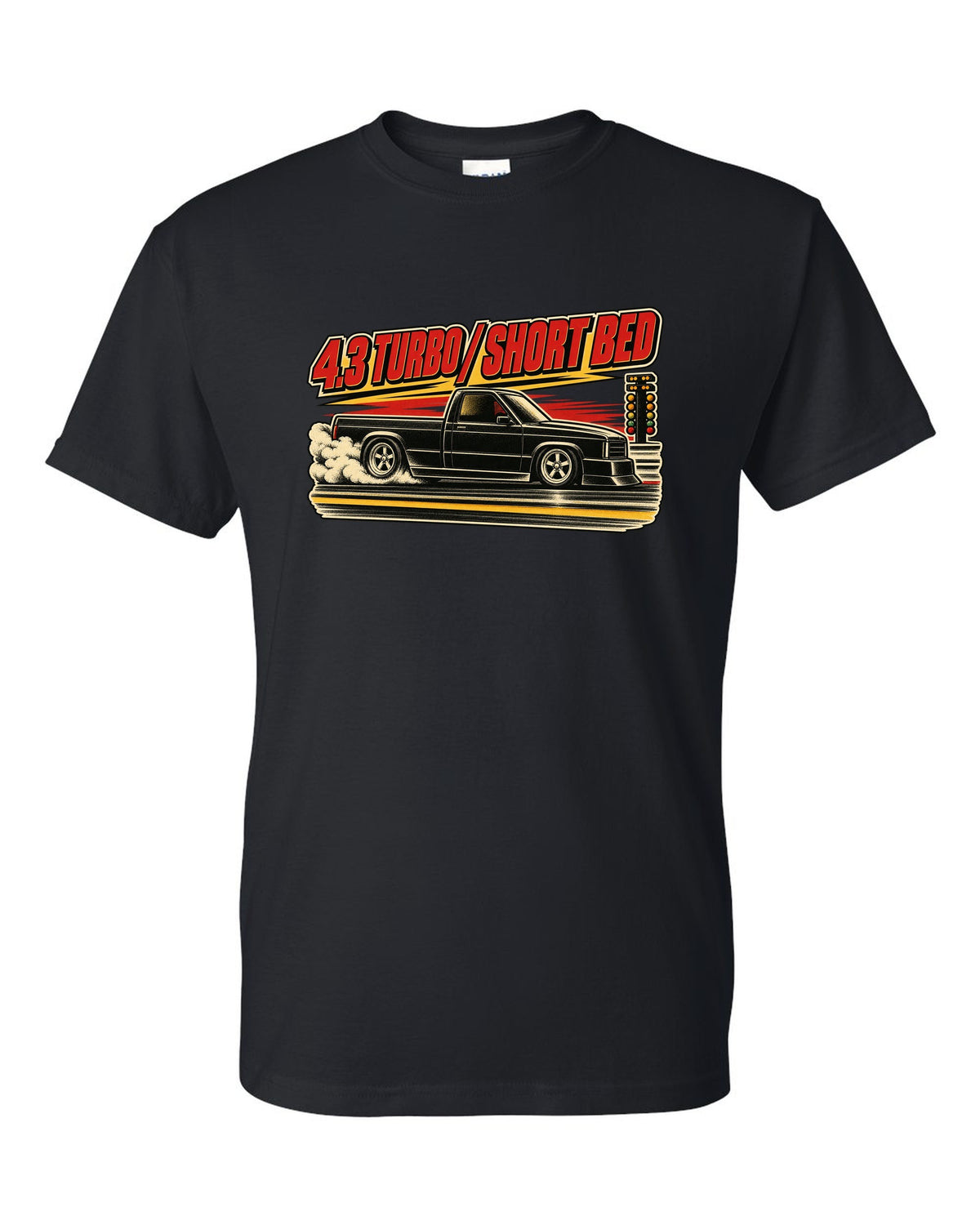 1960s lithograph drag race poster featuring a 1991 GMC Syclone with 4.3 TURBO / SHORT BED text black t-shirt front view with the design