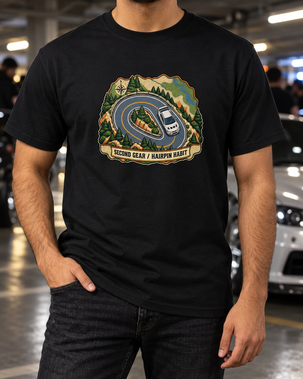 Topographic Mountain Road Map Shirt, Mitsubishi Evo VII CT9A T-Shirt Black worn hero