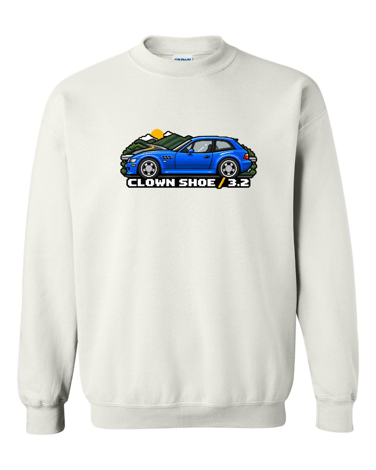 BMW Z4 M Coupe E86 coast road sunset watercolour print with S54 text white crewneck front view with the design