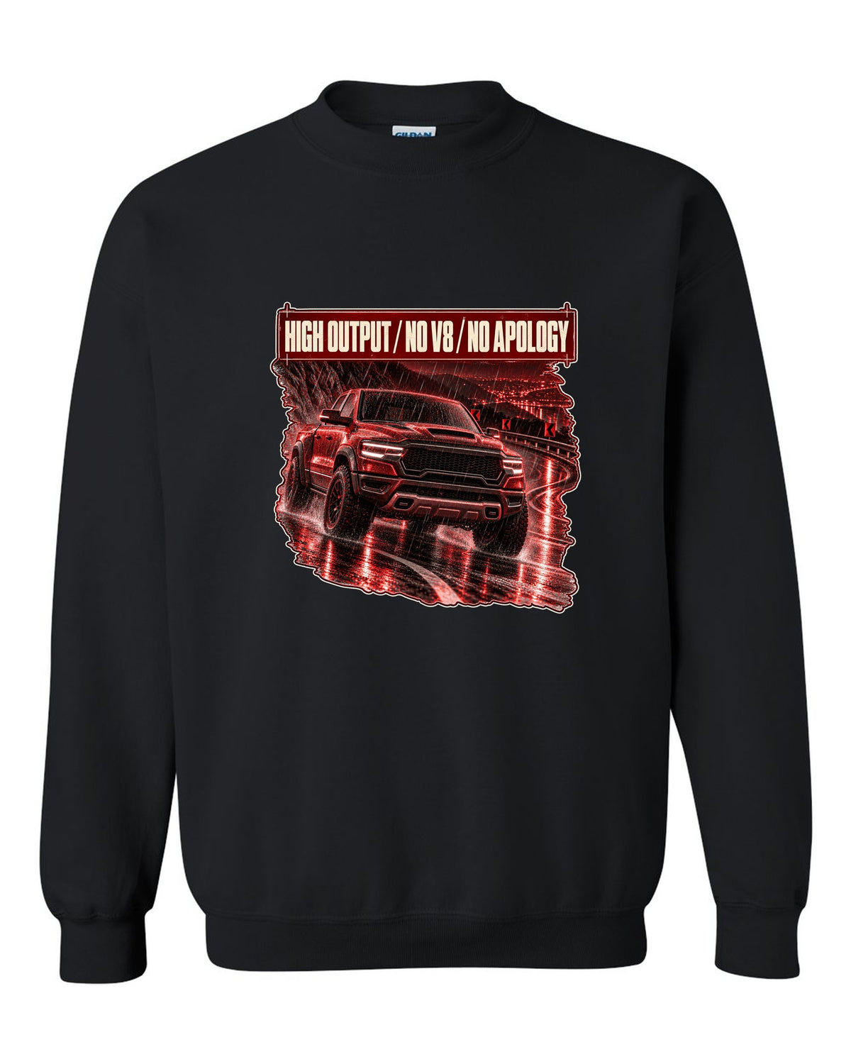 Ram 1500 RHO 2025 night street poster print black crewneck front view with the design