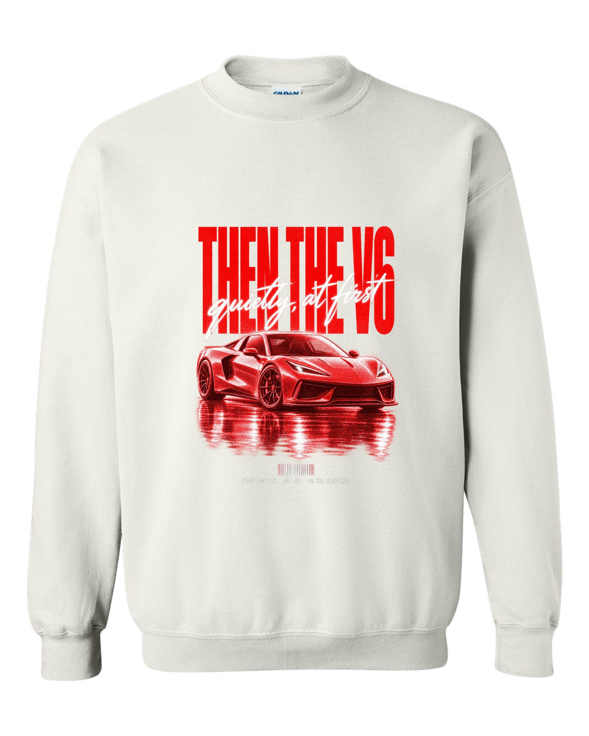 Ferrari 296 GTB 2022 street poster print, F163 120 degree V6, 654 HP, 25 km electric white crewneck front view with the design
