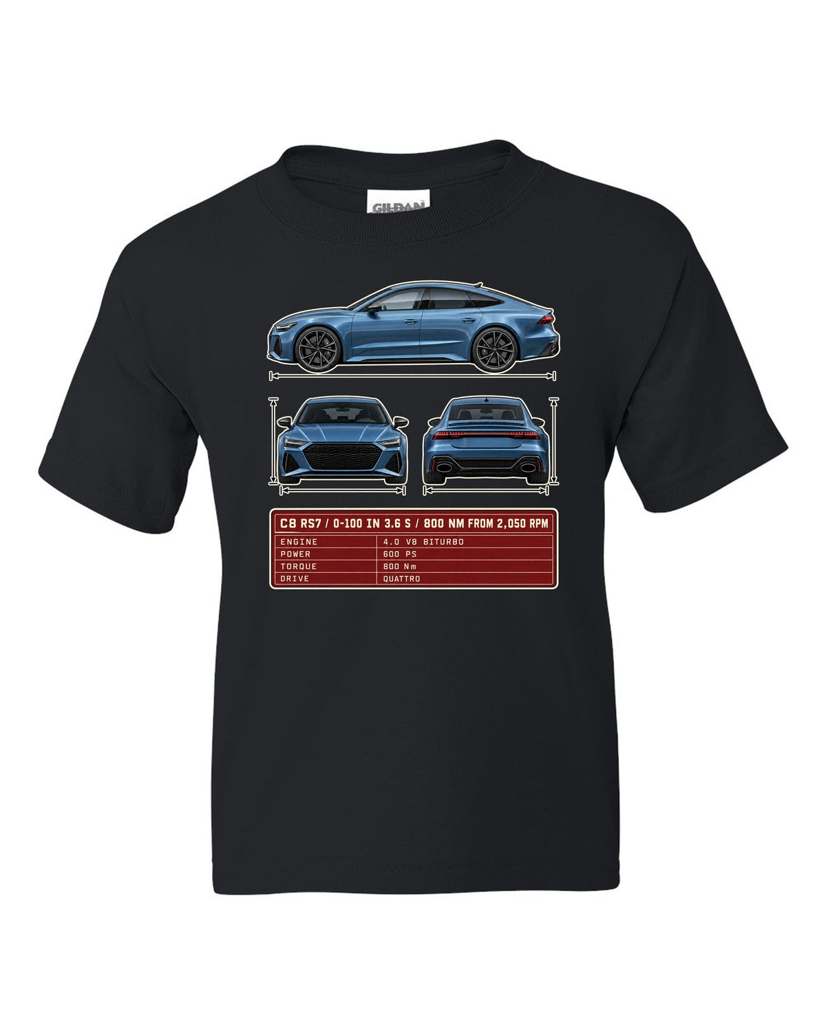Three-view spec sheet for the Audi RS7 Sportback C8 black kids tee front view with the design