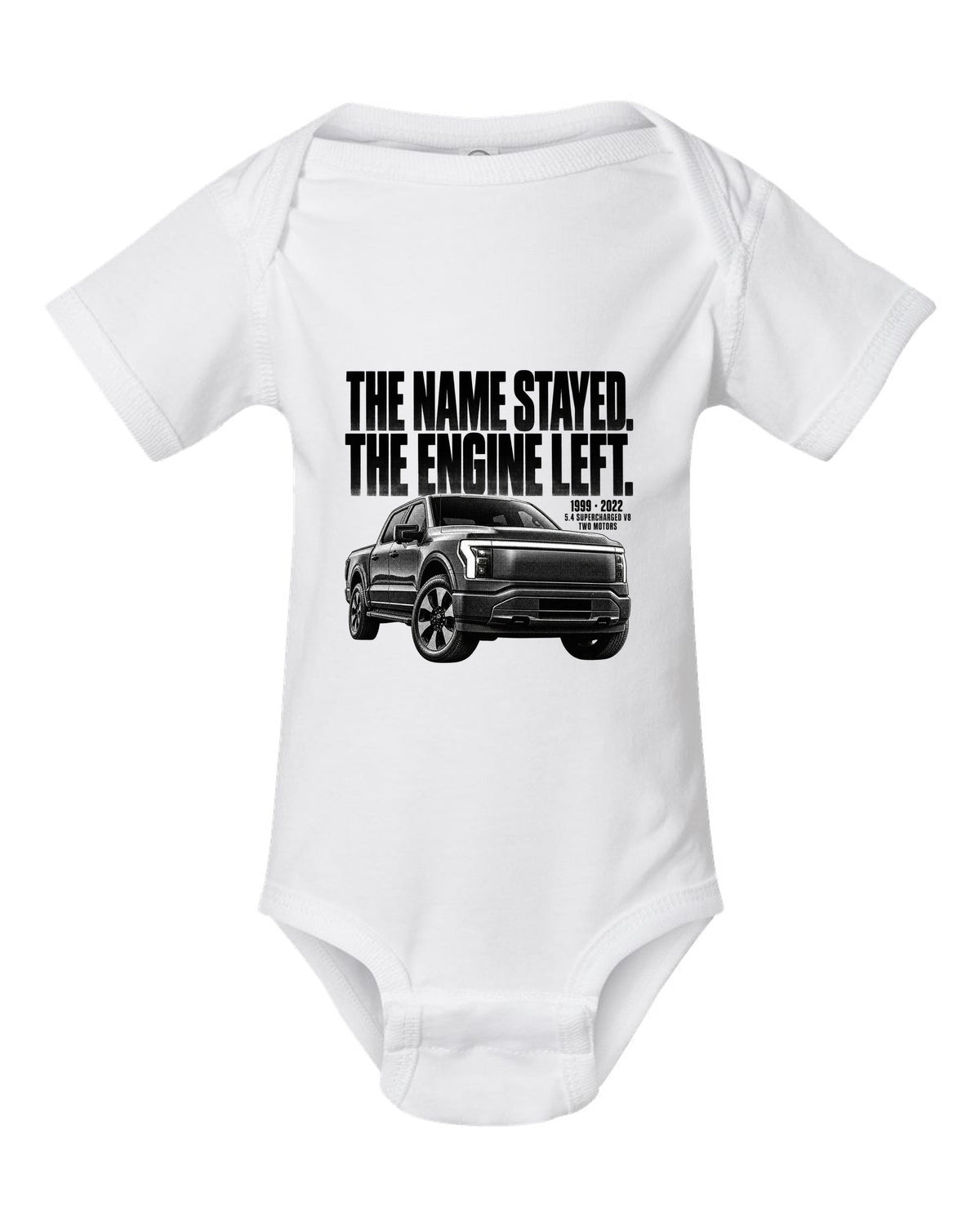 Halftone Ford F-150 Lightning 2022 front three-quarter with 1999 versus 2022 text white baby onesie front view with the design