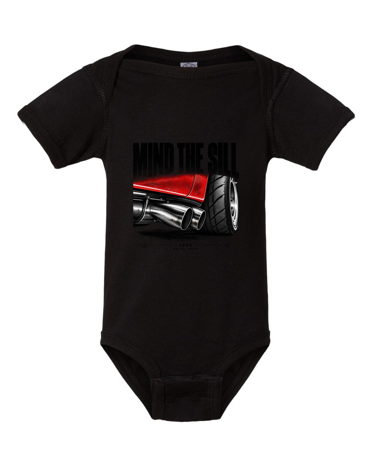 1992 Dodge Viper RT/10 SR I taillight macro print with Mind the Sill lettering black baby onesie front view with the design