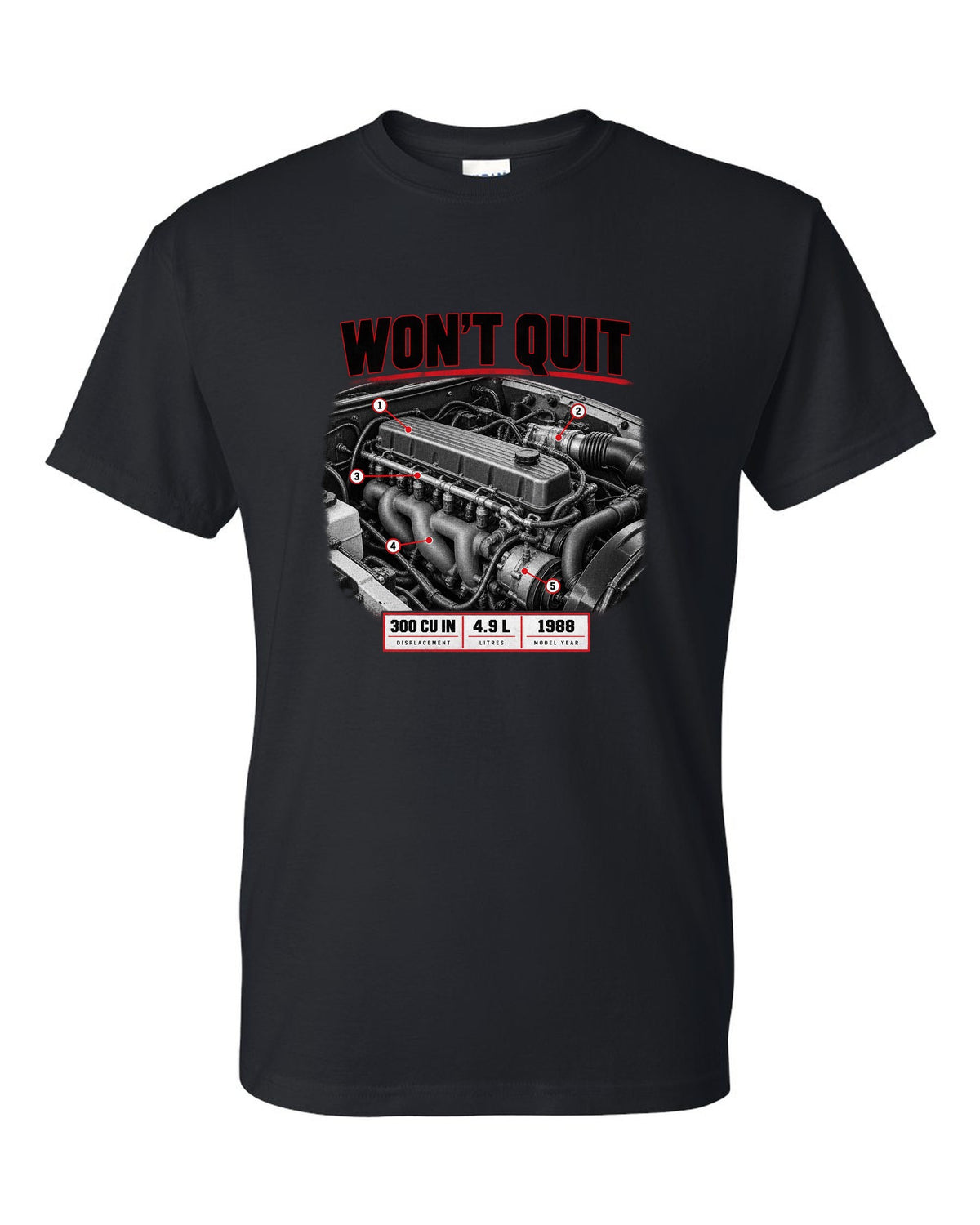Engine print of a 1987-91 Ford F-150 Brick-Nose 4.9 inline six with 300 cu in text black t-shirt front view with the design