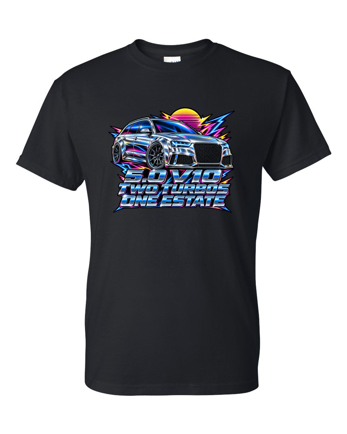 80s airbrush chrome design of the Audi RS6 Avant C6 4F with 5.0 V10 two turbos one estate lettering black t-shirt front view with the design