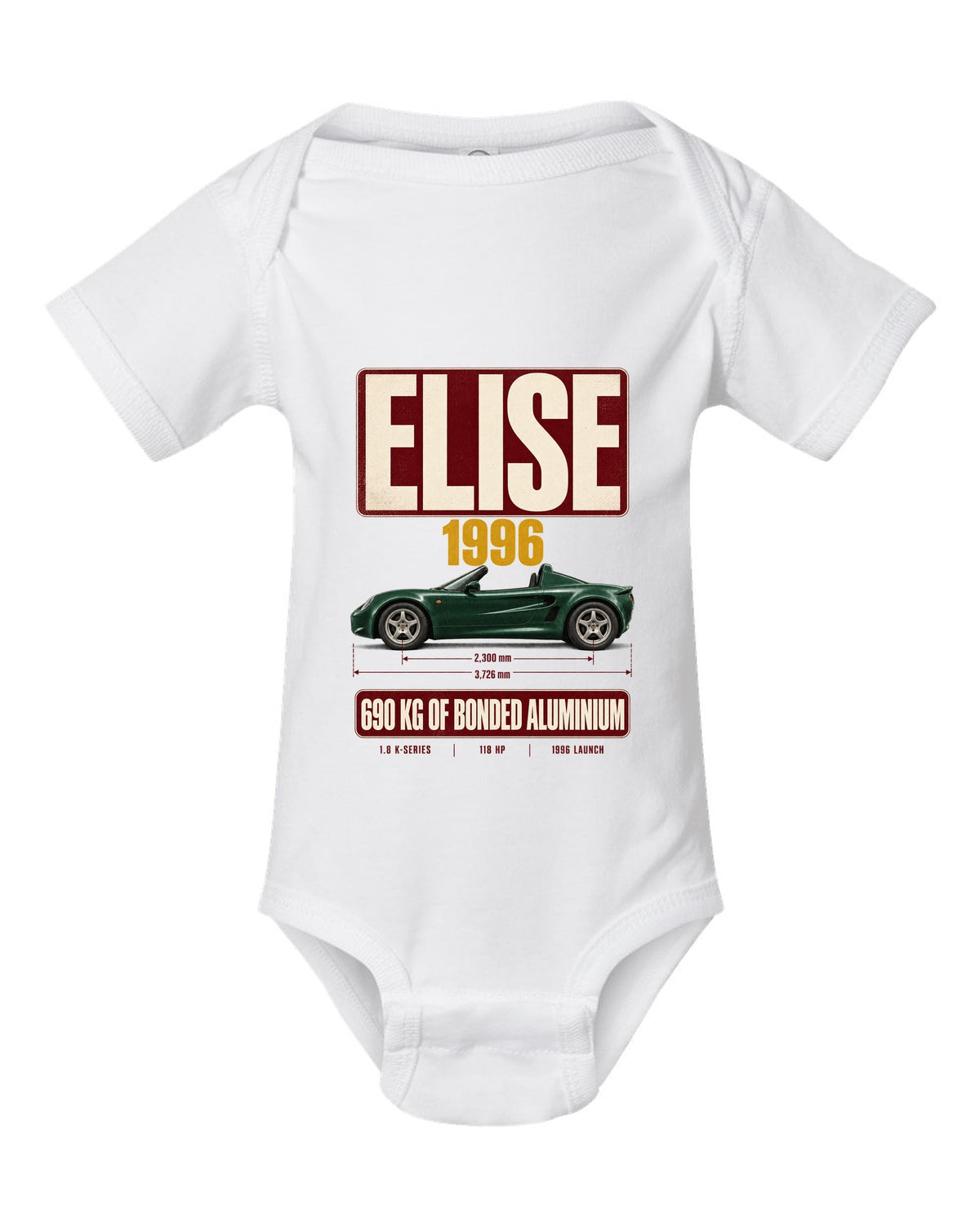 Lotus Elise Series 1 open roadster archive panel print with 1996 and 690 kg bonded aluminium text white baby onesie front view with the design