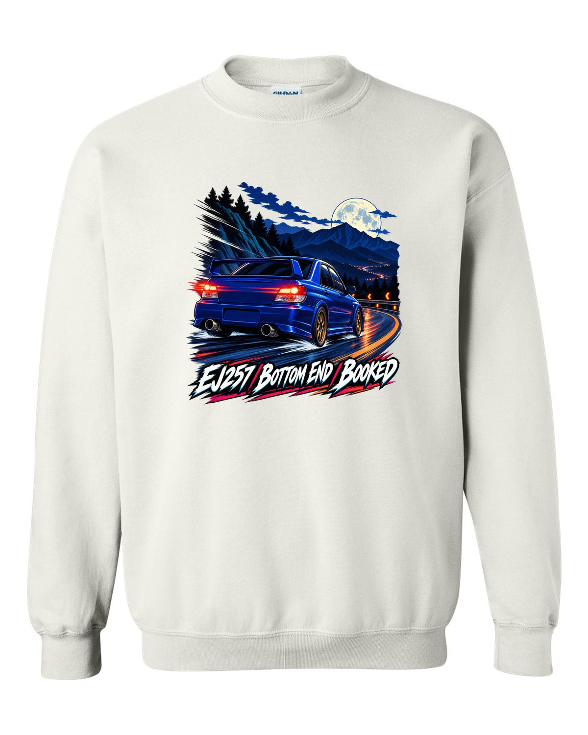 Racing-stripe livery print of a Subaru Impreza WRX GDB Blobeye white crewneck front view with the design