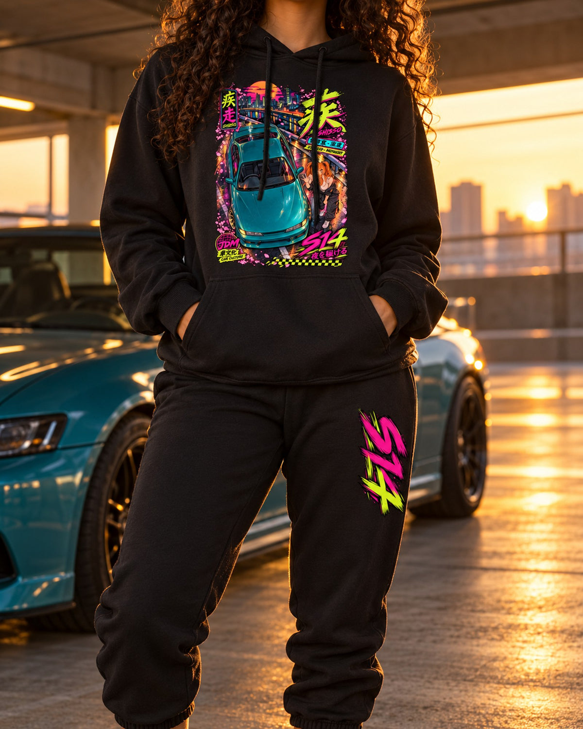 S14 Shisso Anime Girl Poster Hoodie + Jogger Set Black worn hero