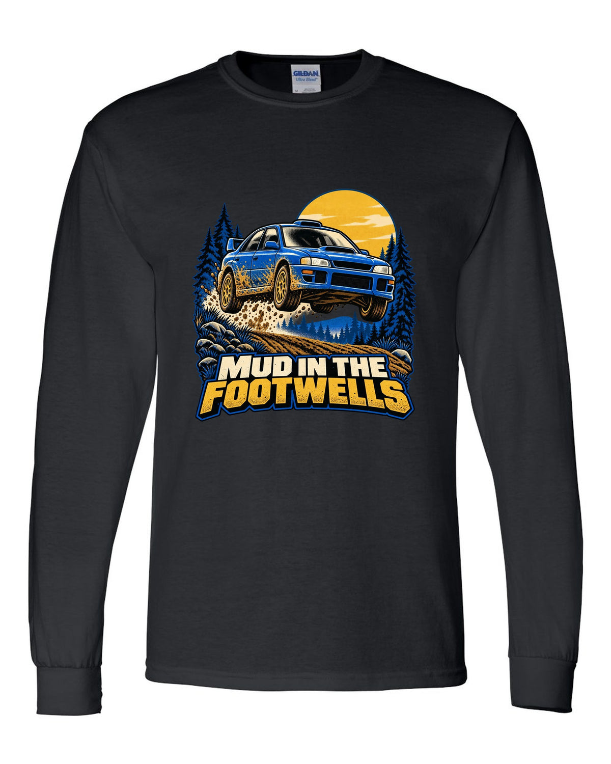 Comic halftone pop-art of a Subaru WRX STI GRB chback doing a burnout black long sleeve front view with the design