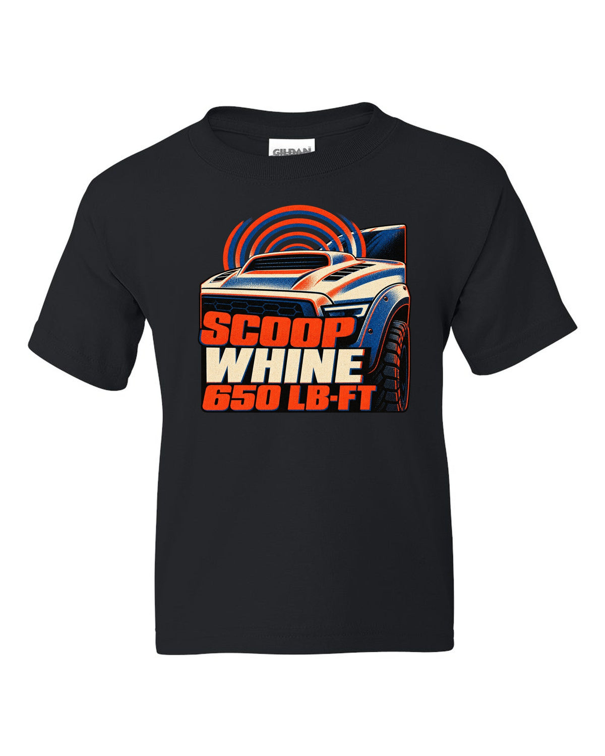 Risograph print of a 2021-2024 Ram 1500 TRX with scoop whine 650 lb-ft text black kids tee front view with the design