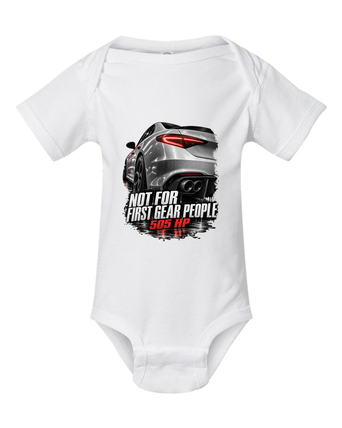 Taillight macro print of an Alfa Romeo Giulia Quadrifoglio with 505 HP text white baby onesie front view with the design