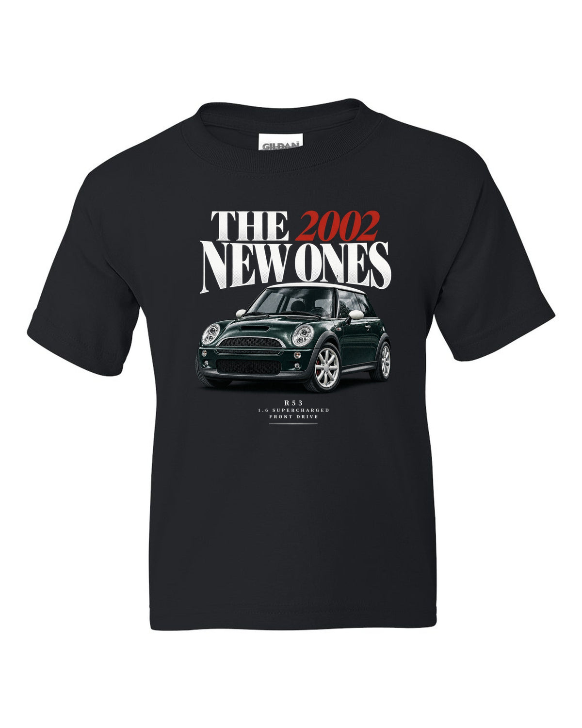 Mini Cooper S R53 dark green with white roof editorial headline print black kids tee front view with the design