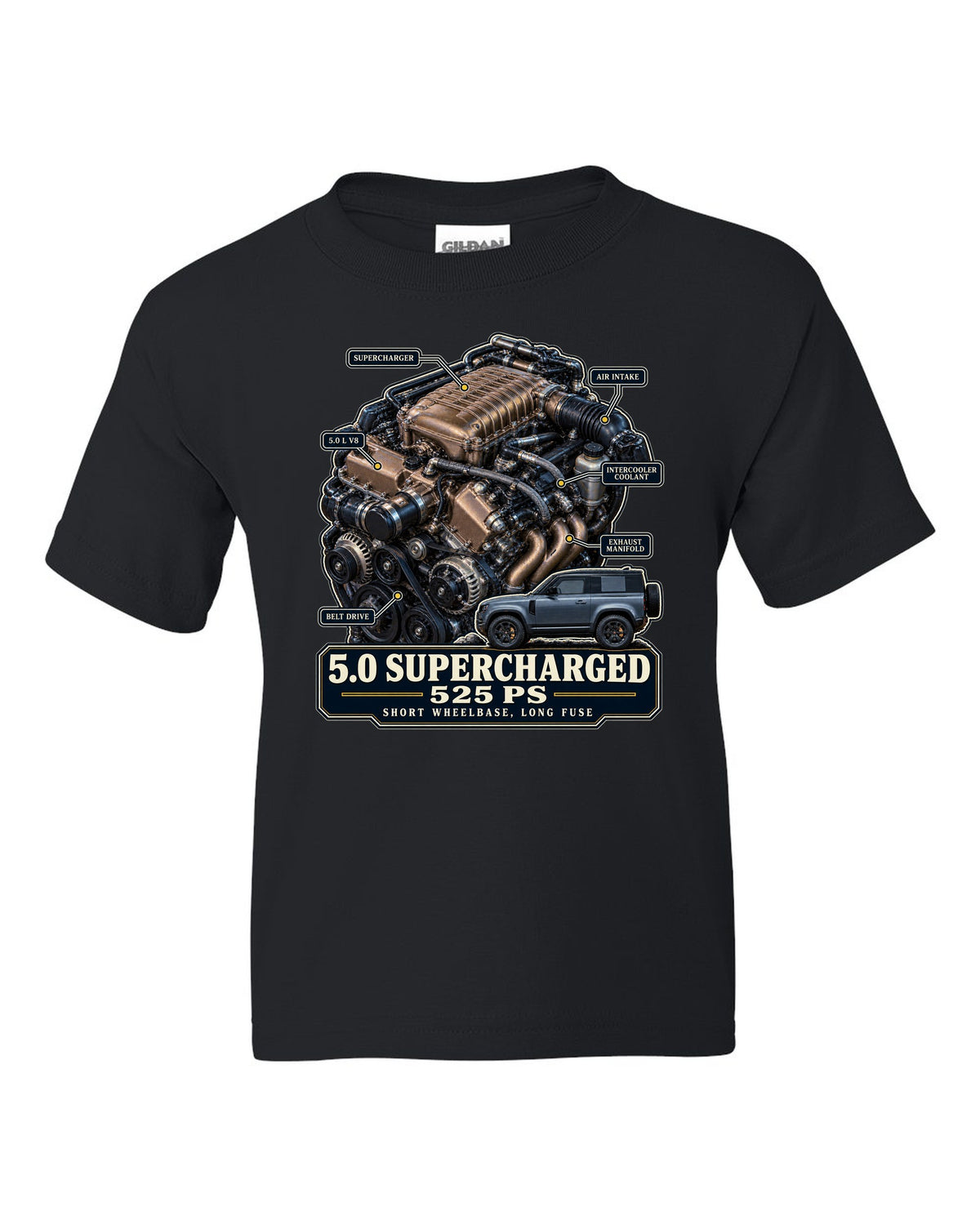 Engine hero print of the Land Rover Defender 90 V8 5.0 supercharged L663 black kids tee front view with the design