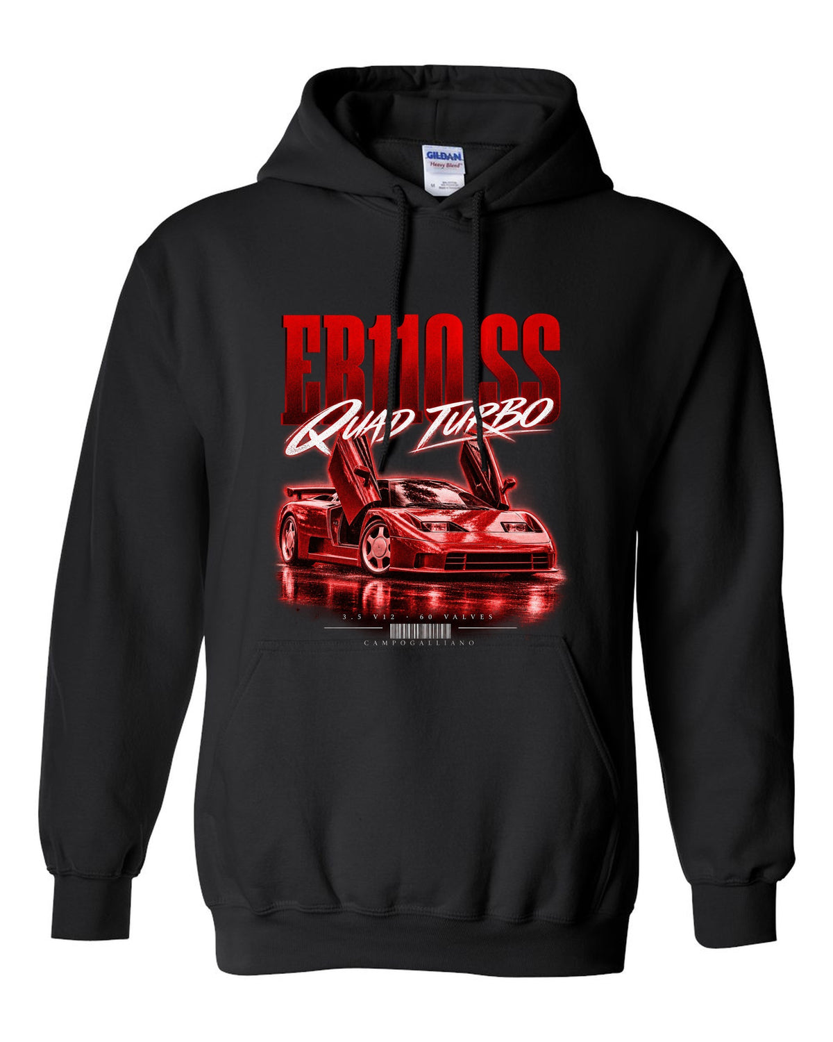 Bugatti EB110 SS 1992 street poster with quad turbo V12 text black pull over hoodie front view with the design