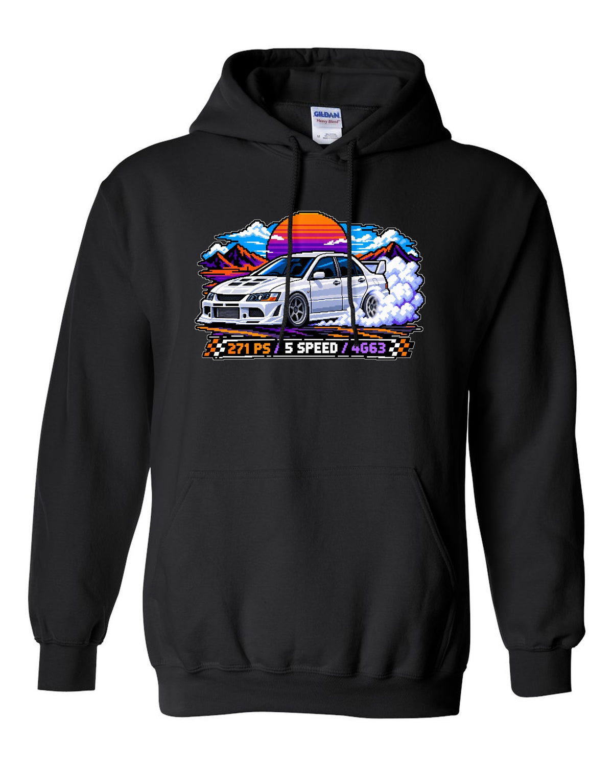 Pixel art burnout print of the Mitsubishi Evo VIII CT9A with 271 PS 5 speed 4G63 text black pull over hoodie front view with the design