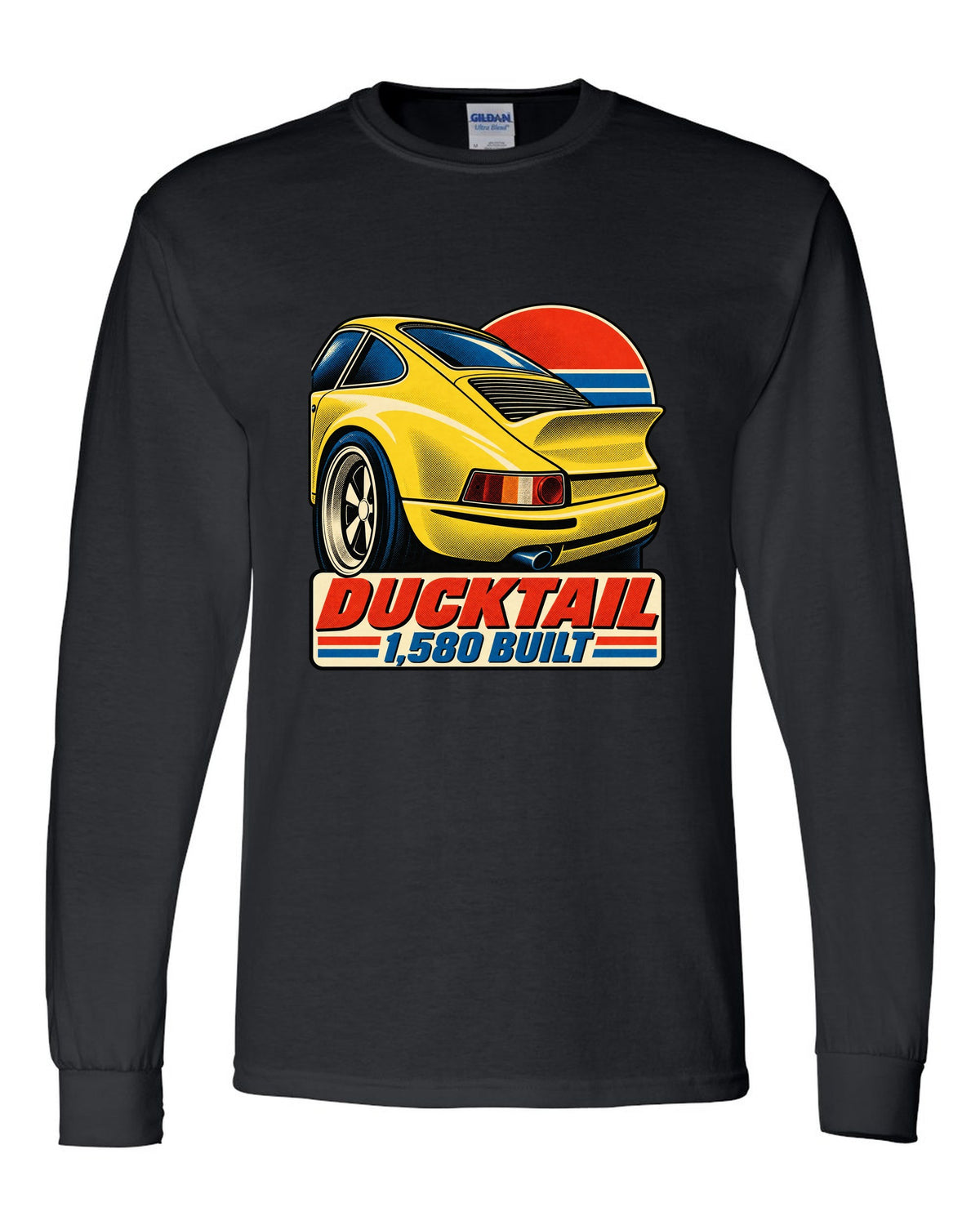 Vintage lithograph poster of the Porsche 911 Carrera RS 2.7 ducktail black long sleeve front view with the design