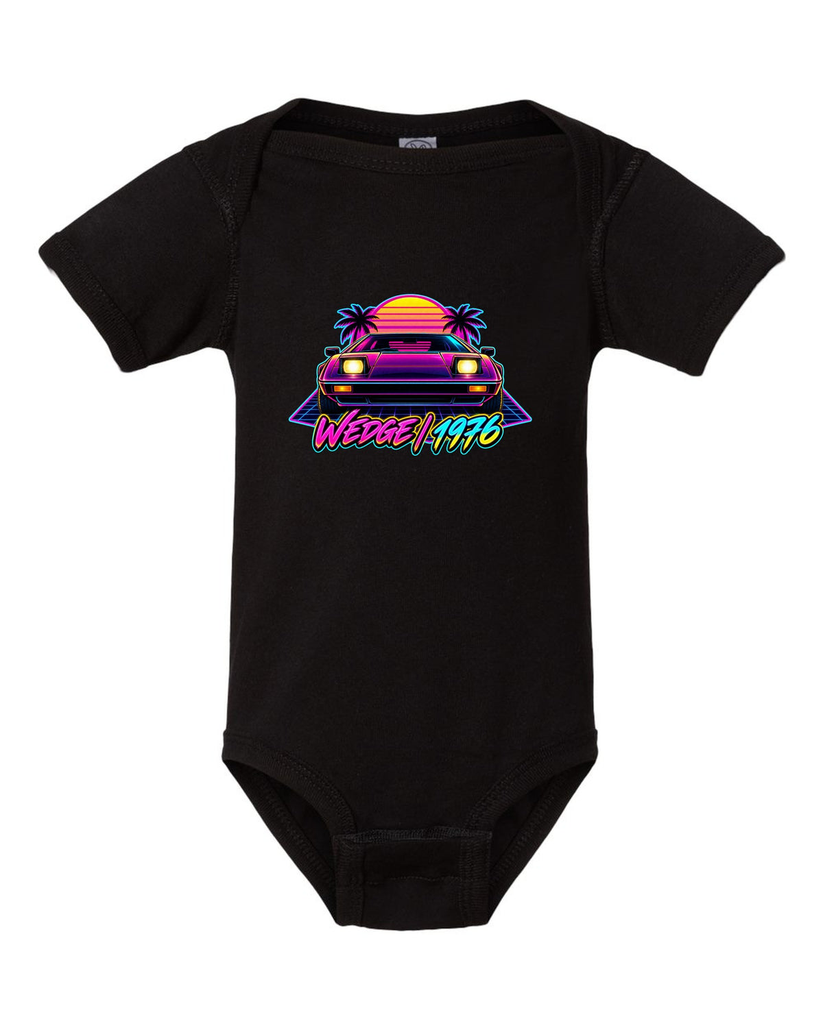 Lotus Esprit 1976 wedge in synthwave neon with WEDGE 1976 lettering black baby onesie front view with the design