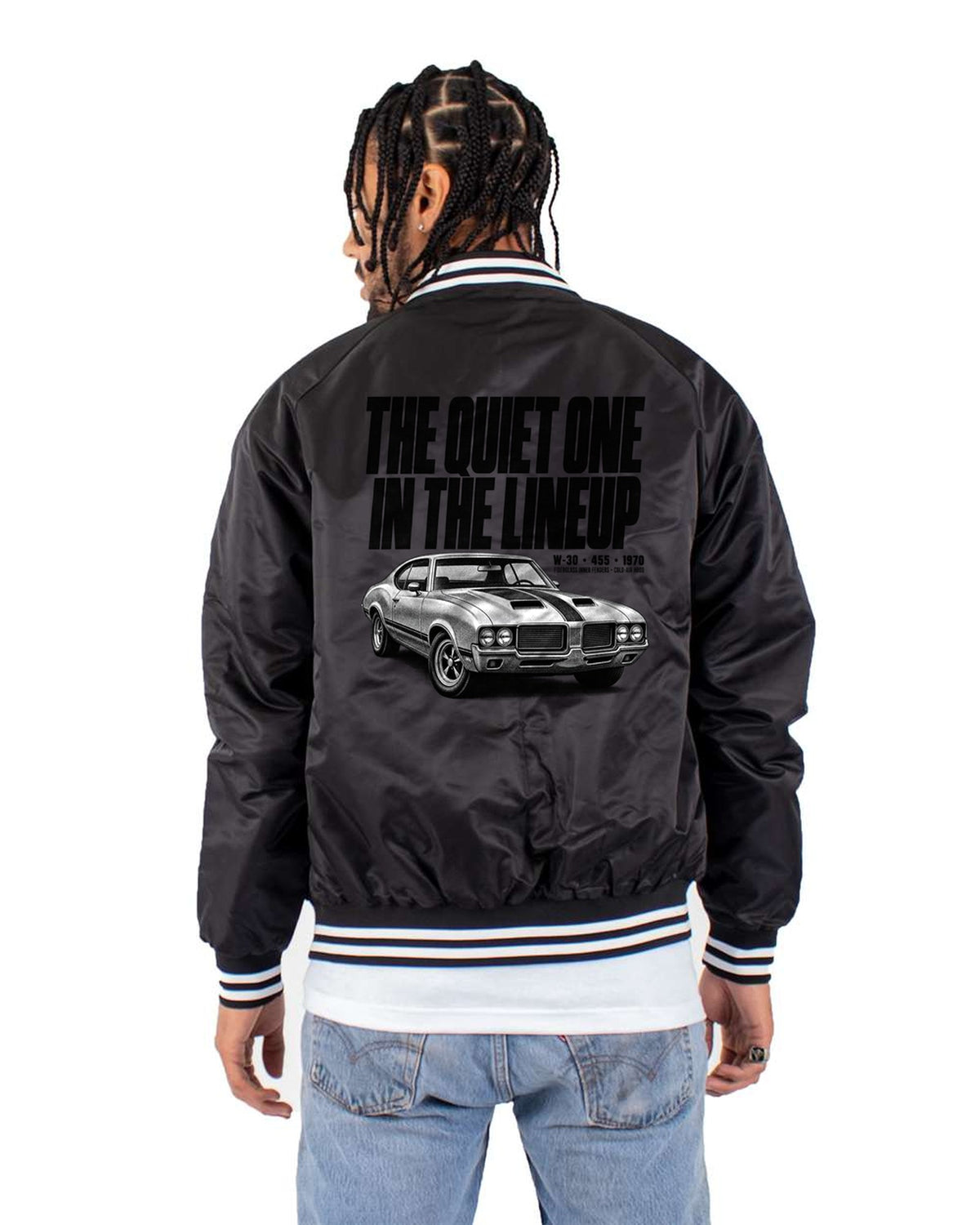 1970 Oldsmobile 442 W-30 Quiet One Halftone print Shirt Bomber Jacket Black back