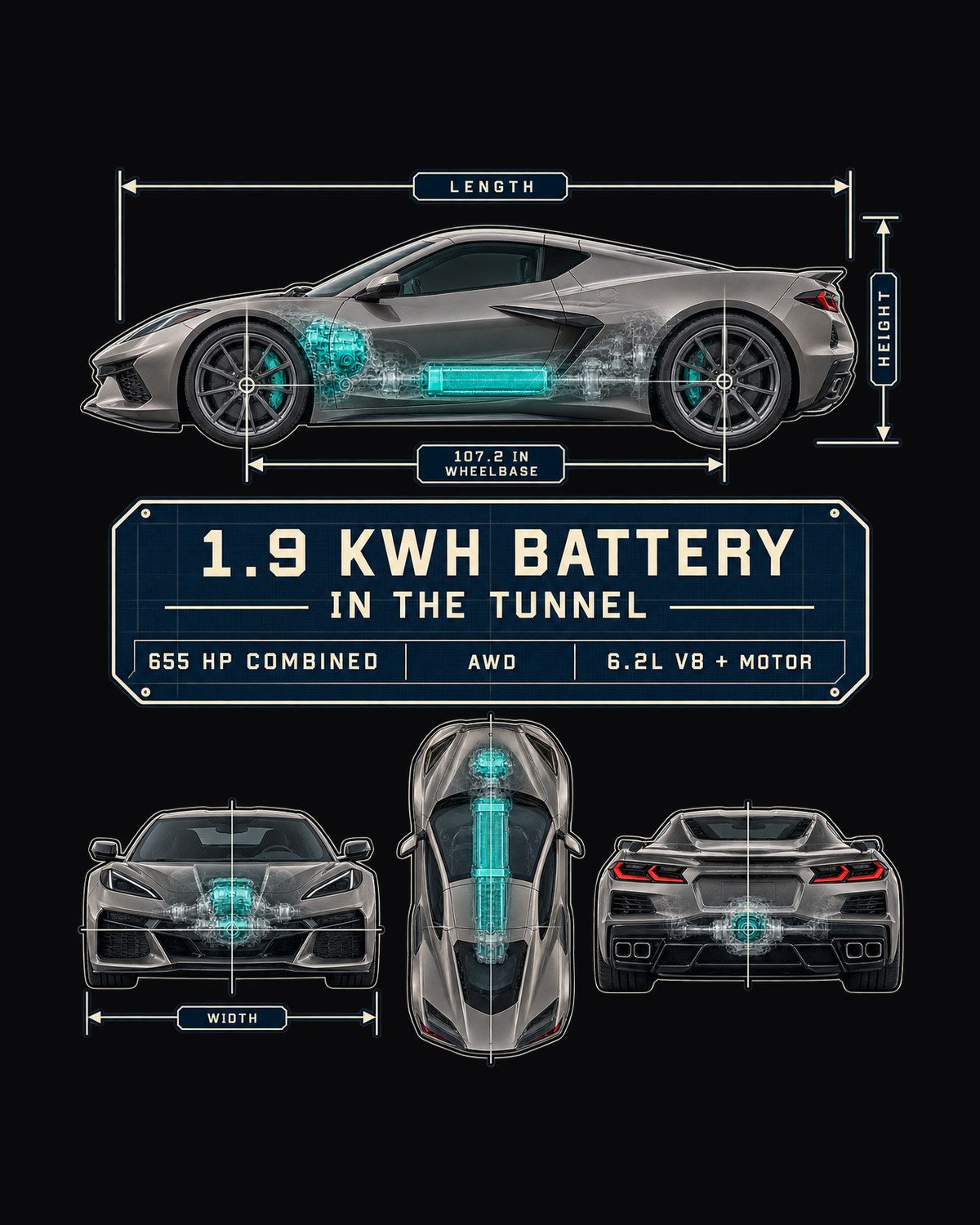 Corvette C8 E-Ray AWD Blueprint Shirt, 1.9 kWh Battery Tee design only