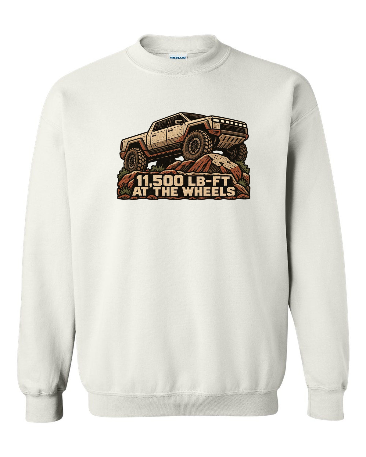 GMC Hummer EV linocut woodcut print on rocks with 11,500 lb-ft at the wheels white crewneck front view with the design